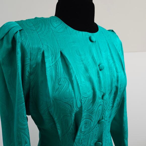 Vintage Adrianna Papell Silk Green Tonal Paisley Print Button Front Midi Dress - Picture 6 of 10